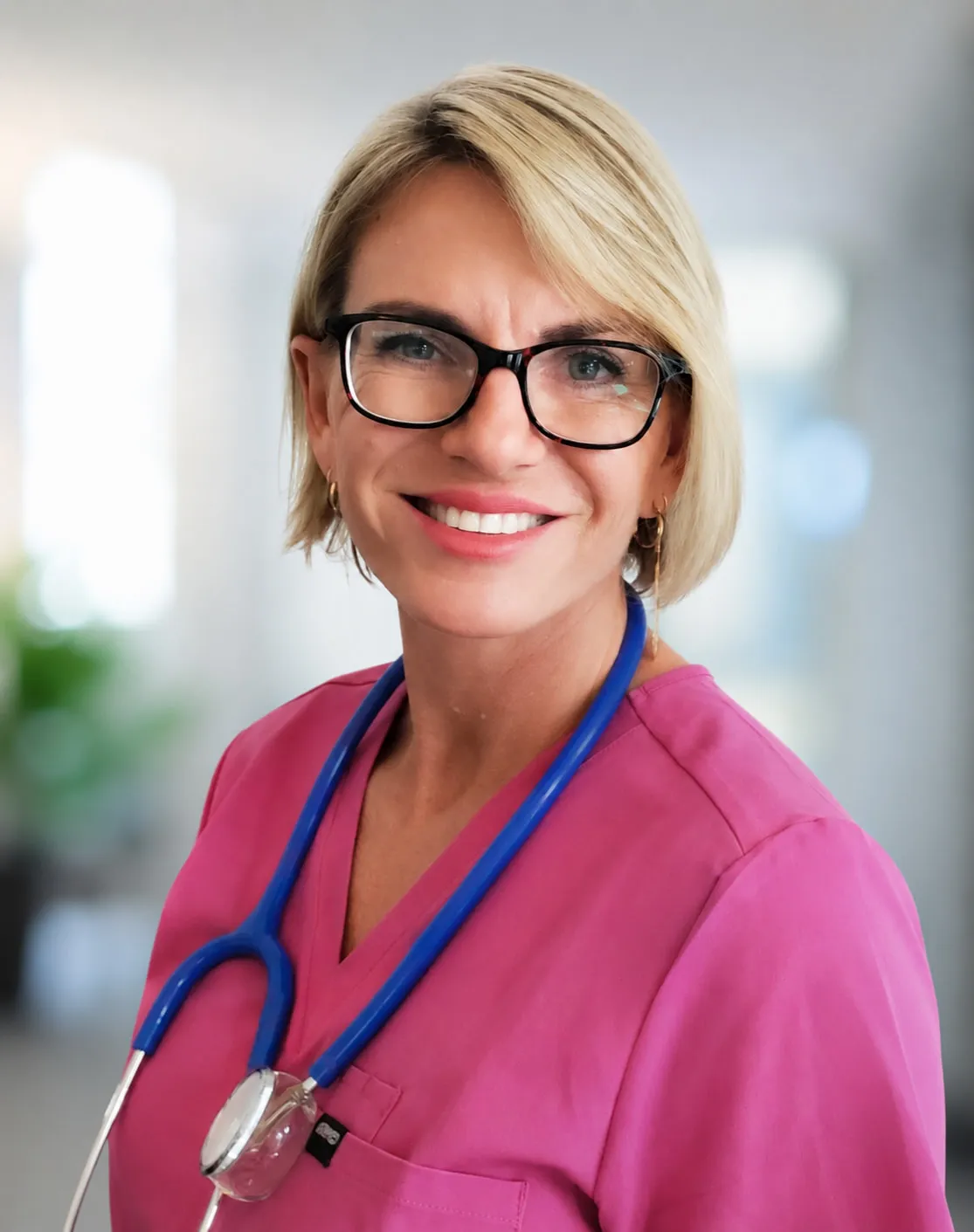 Joy Pooley, registered nurse and midwife, in pink scrubs with a stethoscope