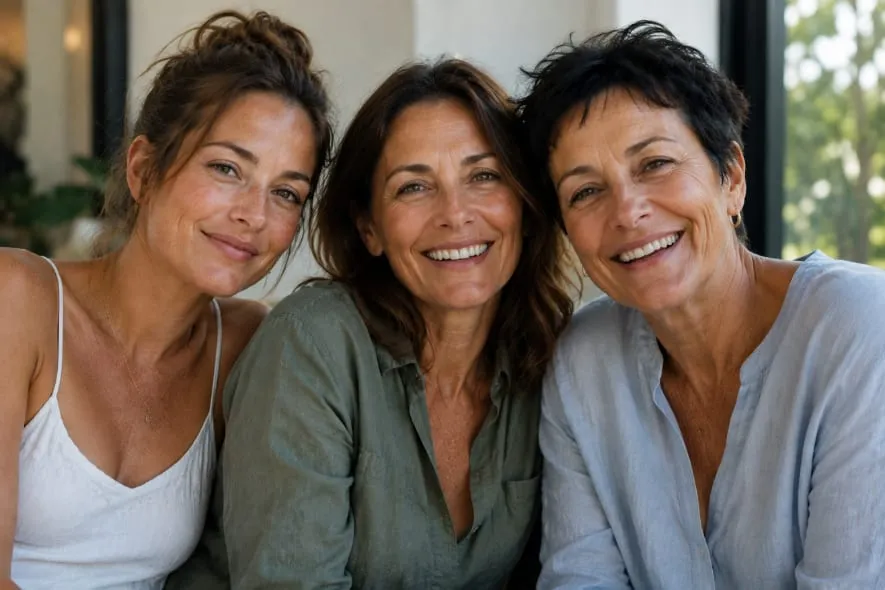Three women of different ages smiling together